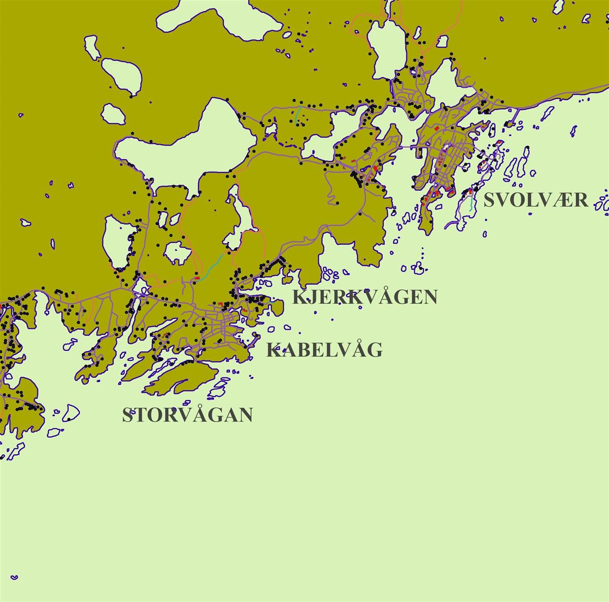 Kartutsnitt sørsiden av Austvågøy. - Klikk for stort bilde
