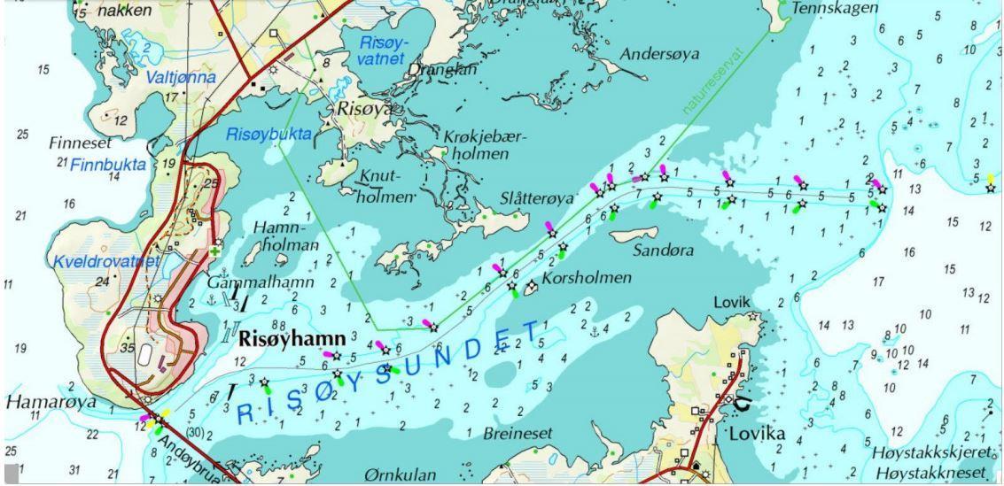 Kart over Risøyhamn og Risøysundet - Klikk for stort bilde