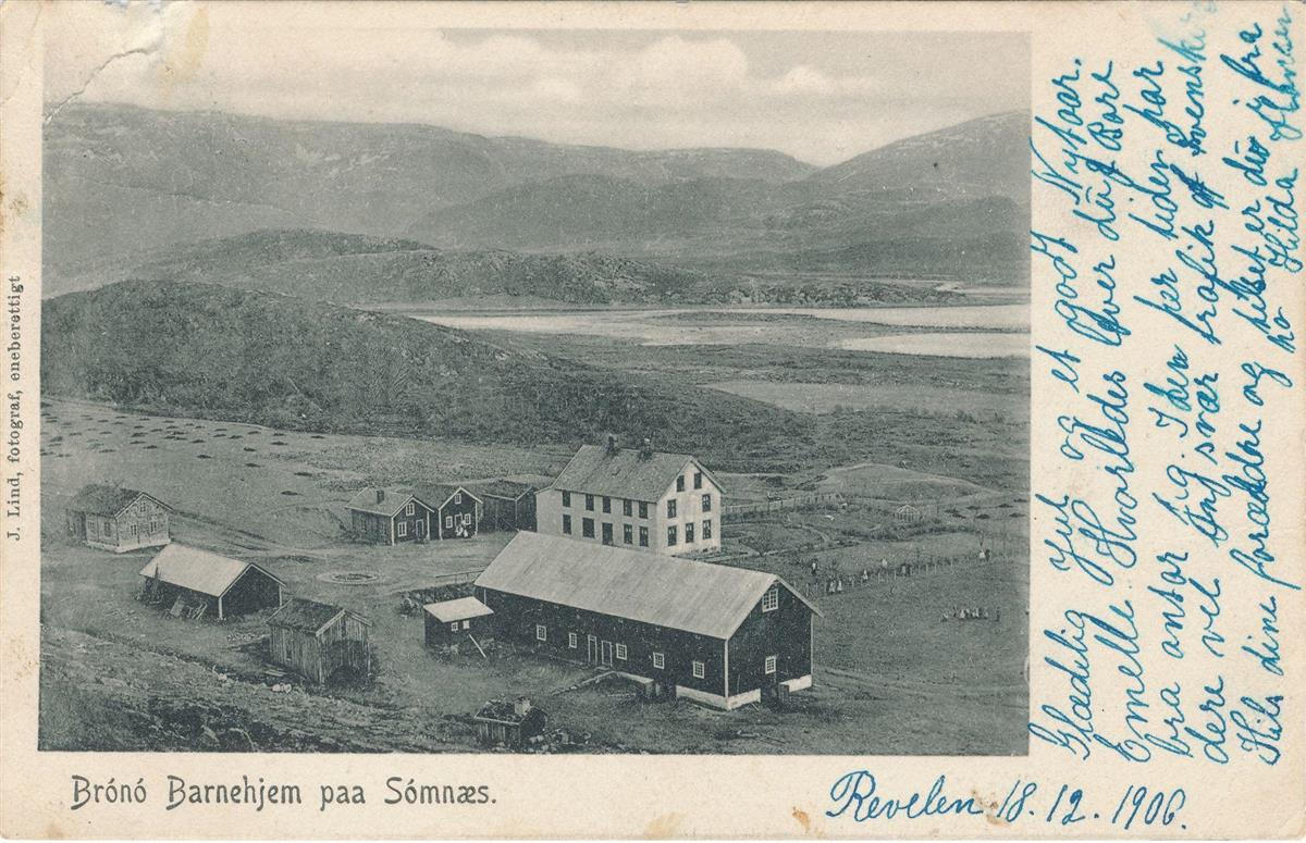 Postkort med bilde av Brønø barnehjem, datert 1906 - Klikk for stort bilde
