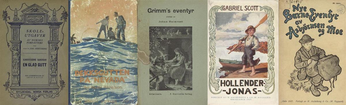 Forside av fem bøker: En glad gutt,  Dekksgutten på "Nevada",  Grimms eventyr, Hollenderjonas og Asbjørnsen og Moes eventyrbok - Klikk for stort bilde