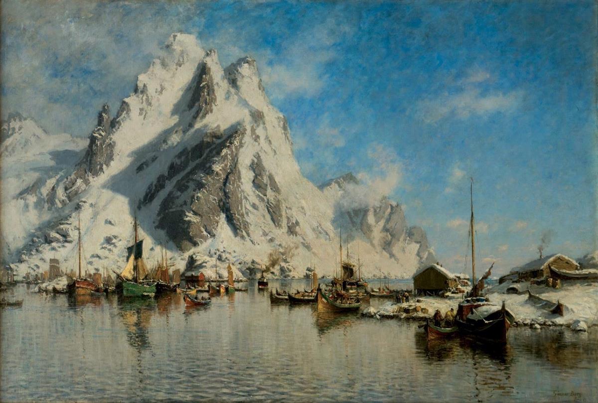 Maleriet «Vintermorgen i Svolvær» av Gunnar Berg - Klikk for stort bilde