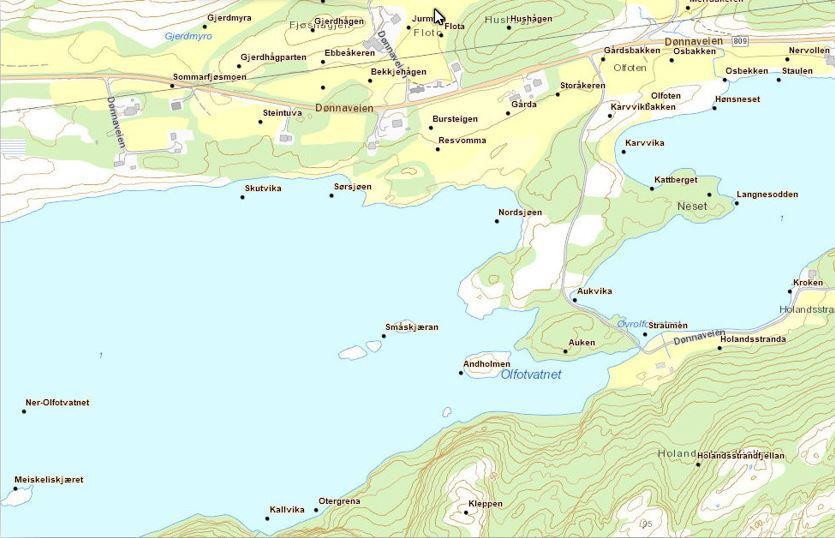 Kart over Olfoten på Dønna - Klikk for stort bilde