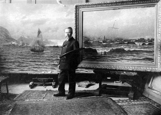 ADELSTEEN NORMANN på sine eldre dager i sitt atelier i Berlin. Maleriet på staffeliet til venstre kan være «Motiv fra Lofoten» som henger i rådhuset i Svolvær. - Klikk for stort bilde